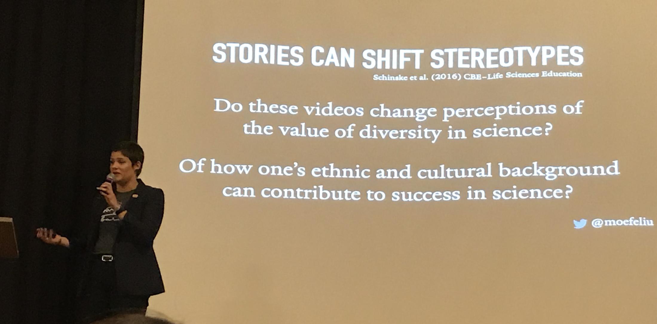 Monica Feliu-Mojer presenting on stories shifting stereotypes