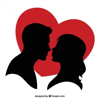 Silhouette of a couple and a red heart