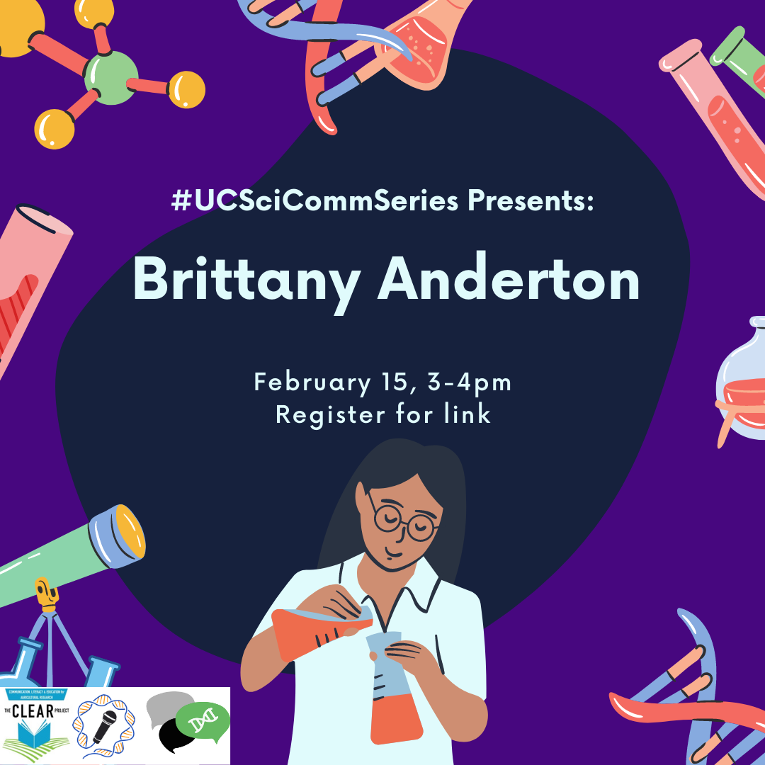 Banner advertising Brittany Anderton's event. Colorful background with cartoons of scientists and scientific equipment. 