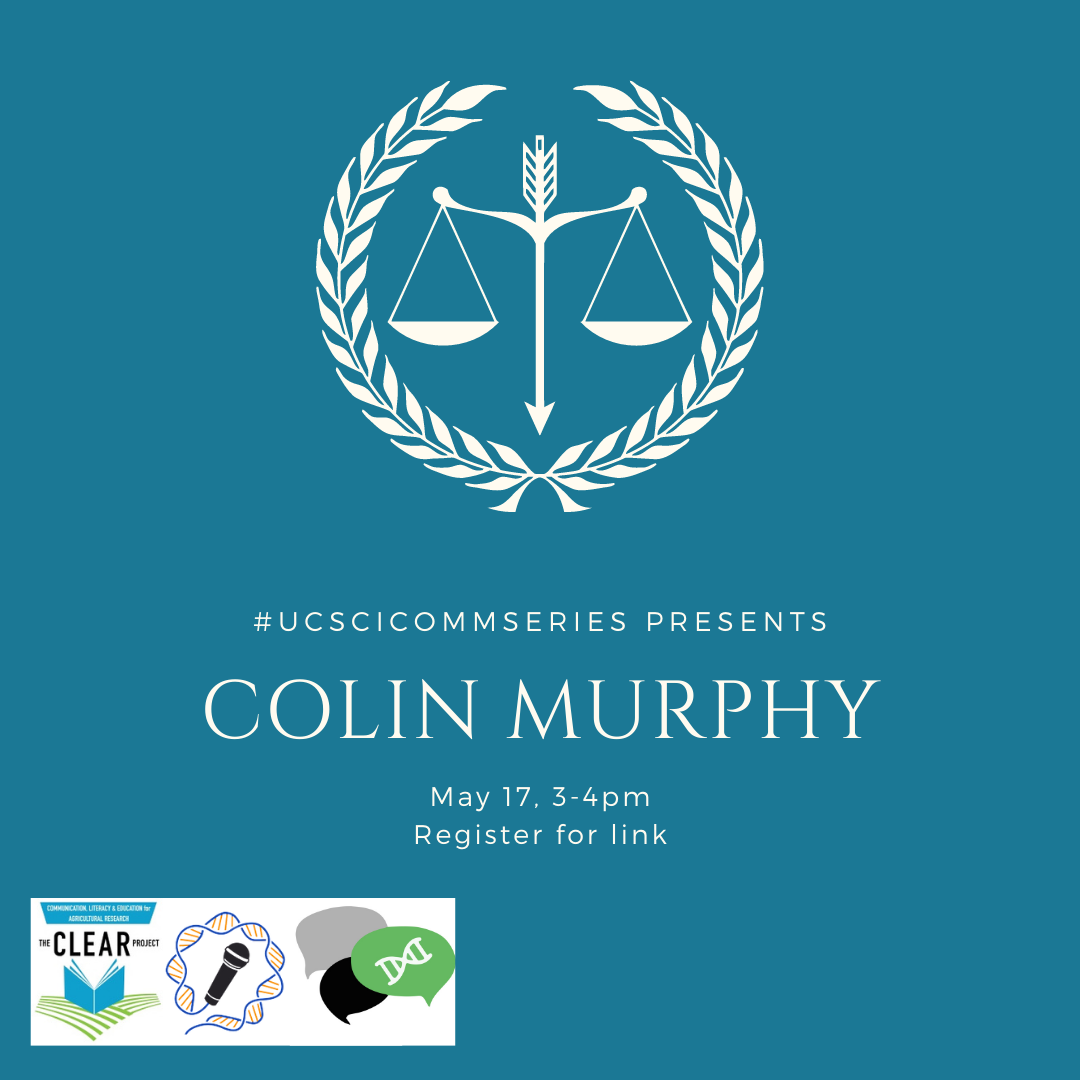 Square advertisement for Colin Murphy's talk on science policy. Teal background with white text. 