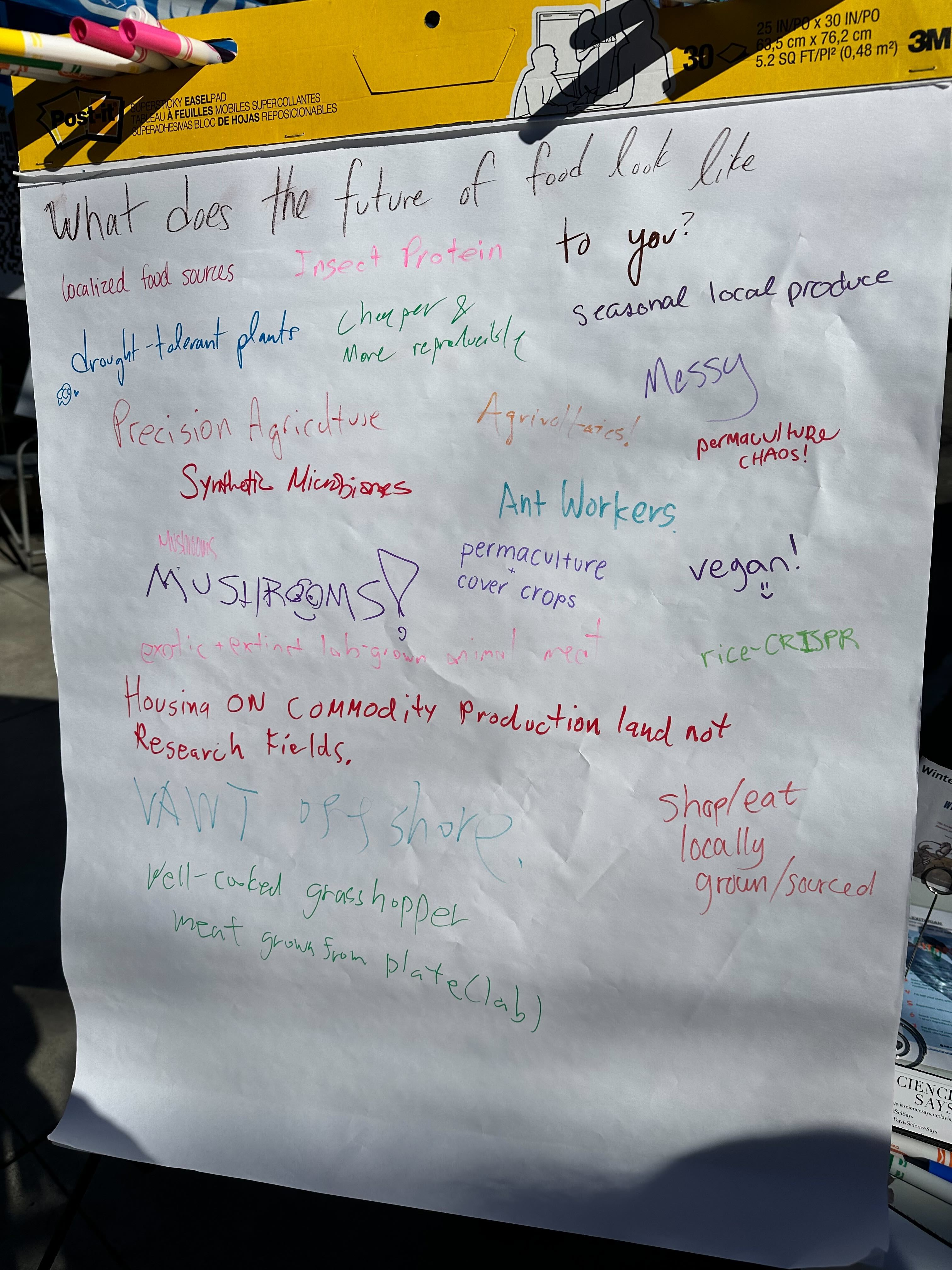 Free-write board depicting responses to the question "What does the future of food look like to you?"