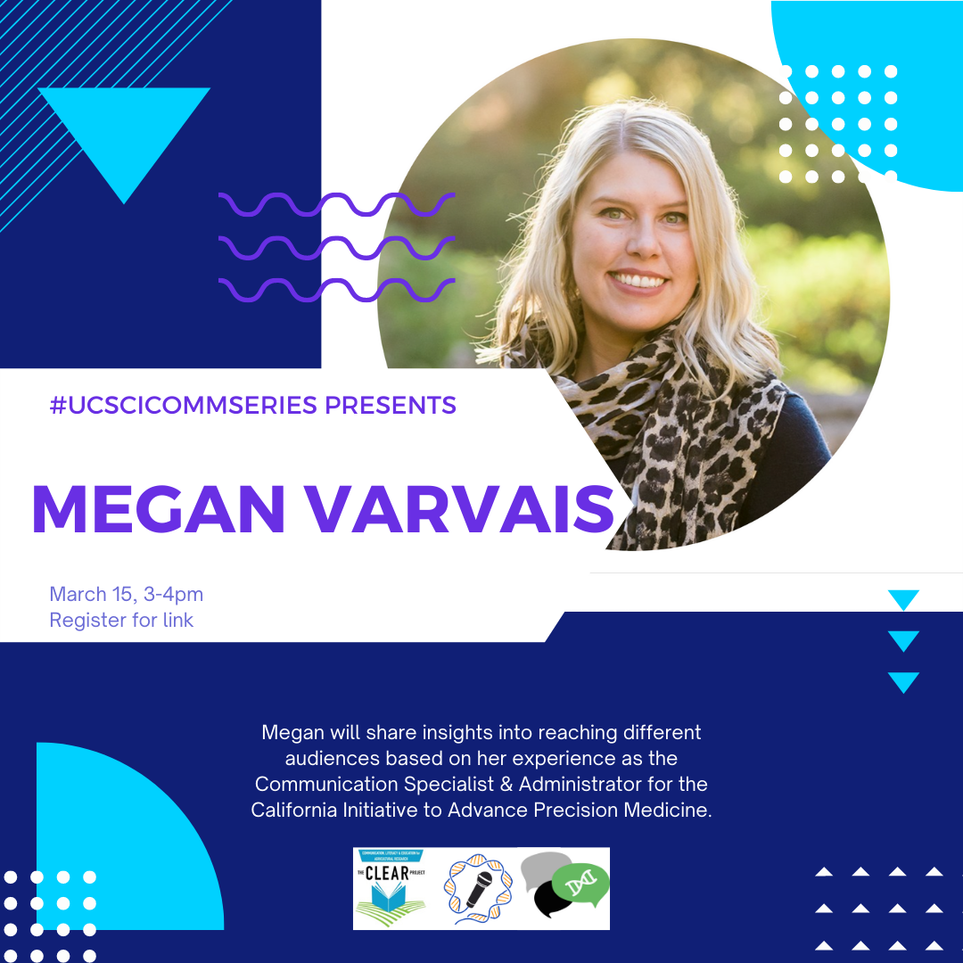 Banner advertising Megan Varvais' event. Blue background with Megan's picture. Purple text in a white box describes the event.