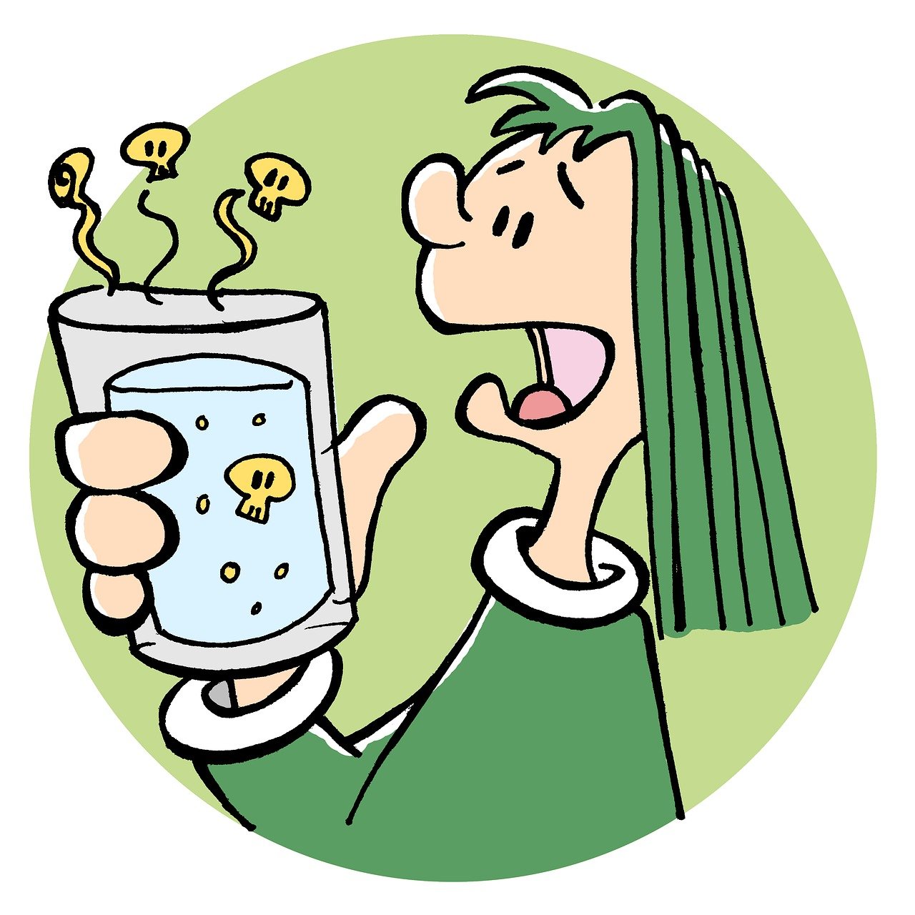 A cartoon person holding a glass of water with contaminants in it.