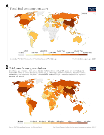 Heat map of the world of global fossil fuel use and greenhouse gas emission.