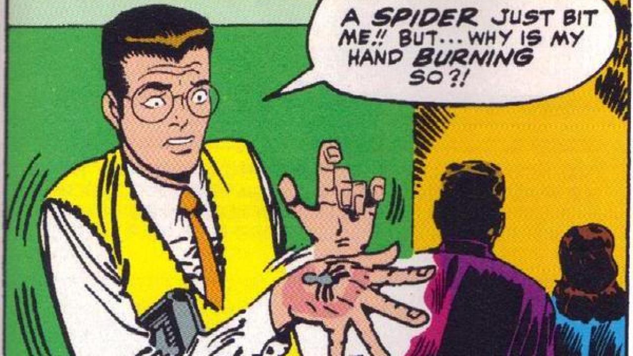 Peter Parker being bit by radioactive spider