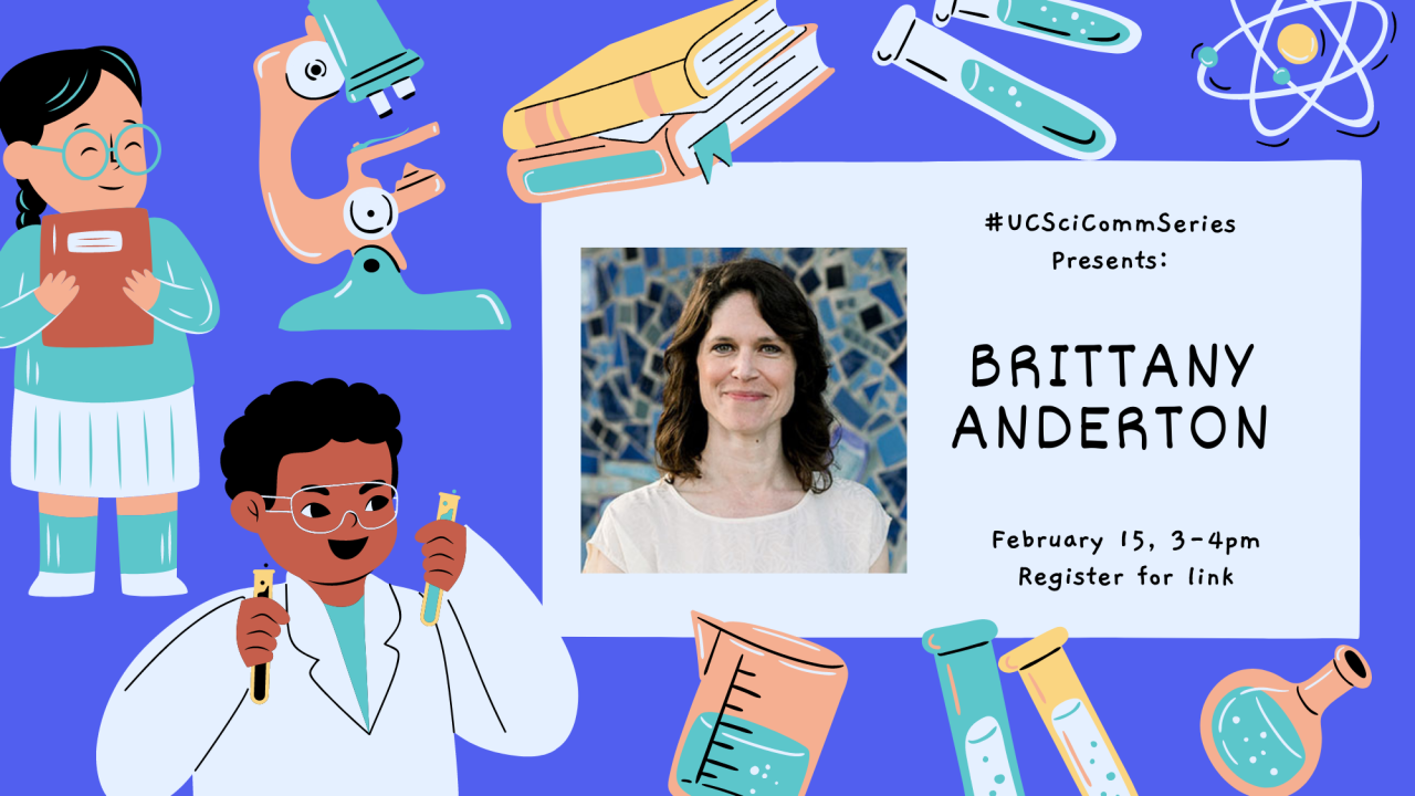 Banner advertising Brittany Anderton's event. Colorful background with cartoons of scientists and scientific equipment. Black text on a pale blue square describing the event, including a picture of Brittany Anderton.