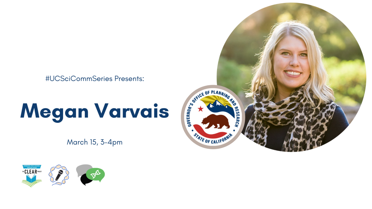 Banner advertising Megan Varvais' event. White background with blue text, and a picture of Megan. The logos of the three organizations are also included.