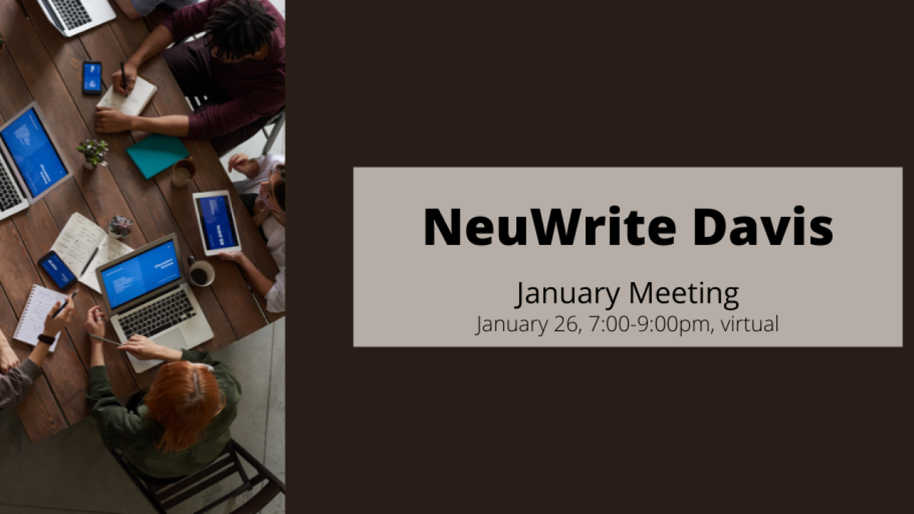 banner advertising NeuWrite Davis' January 26 event, from 7-9pm. Brown background with text on a taupe rectangle. Image of people working at computers in a collaborative fashion.