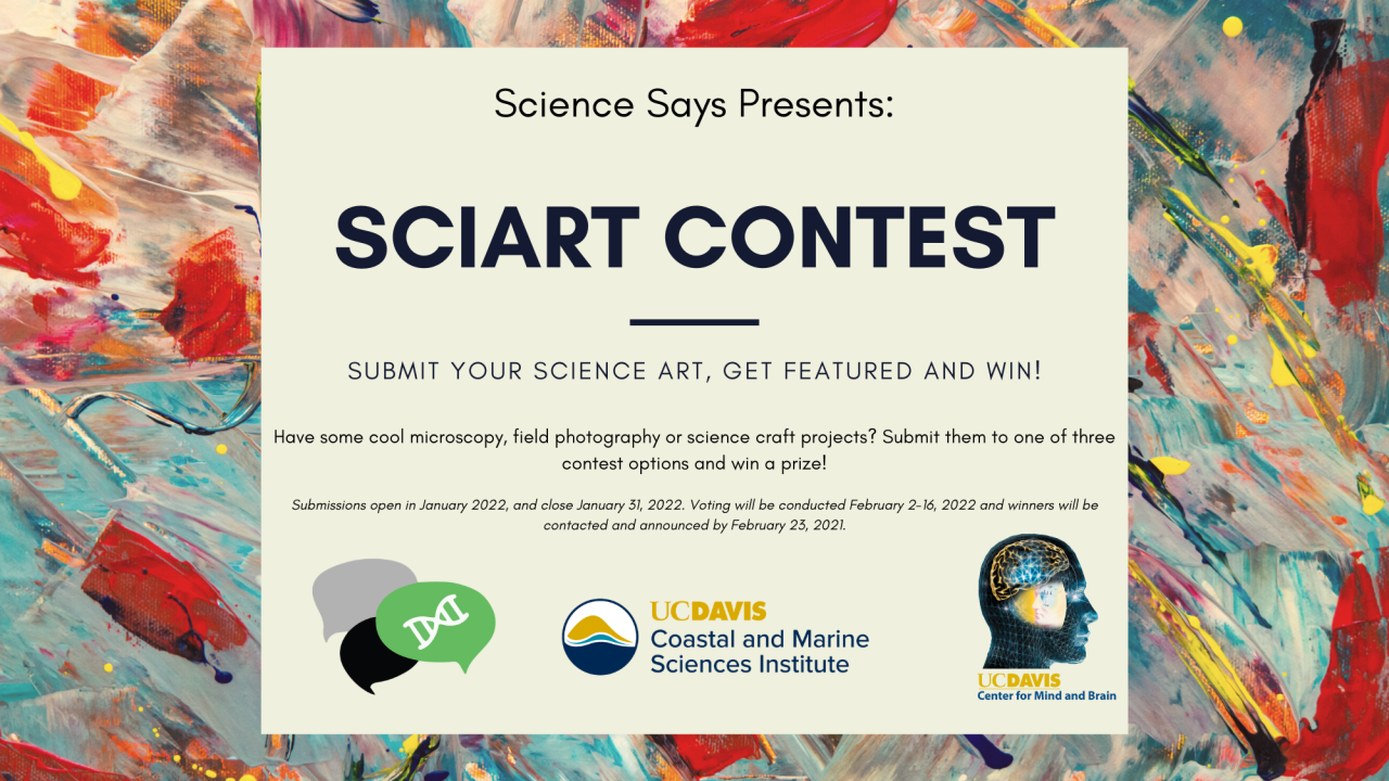 Banner advertising the 2022 Science Art contest. A cream rectangle holds black text describing the event, which is on top of a colorful background of paint smears. Also included are the logos of our sponsors.