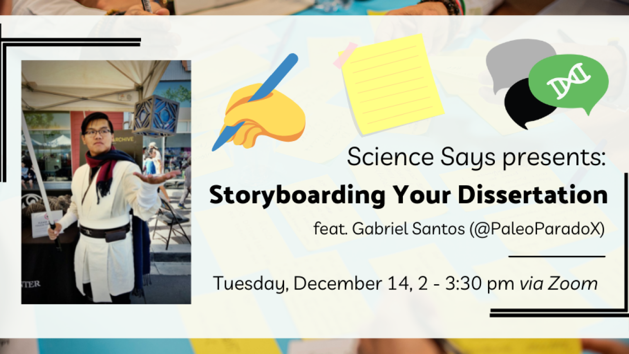 Banner advertising the Storyboarding your Dissertation event. Featuring a picture of the speaker and the date mentioned in the text of the page below.