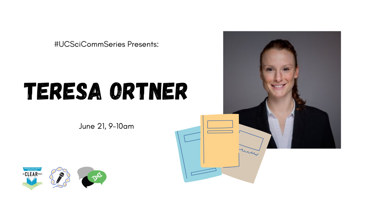Banner advertising Teresa Ortner's event. White background with a picture of Teresa and a cartoon of three stacked notebooks. Black text describes the event. Logos of the three organizations are also included.