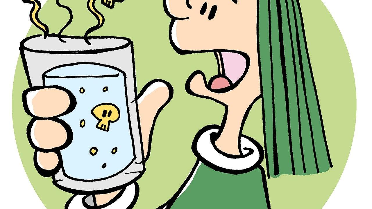A cartoon person holding a glass of water with contaminants in it.