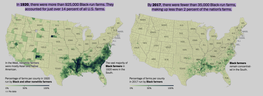 Map of the US color-coded by percentage of Black farmers, comparing 1920 and 2017.