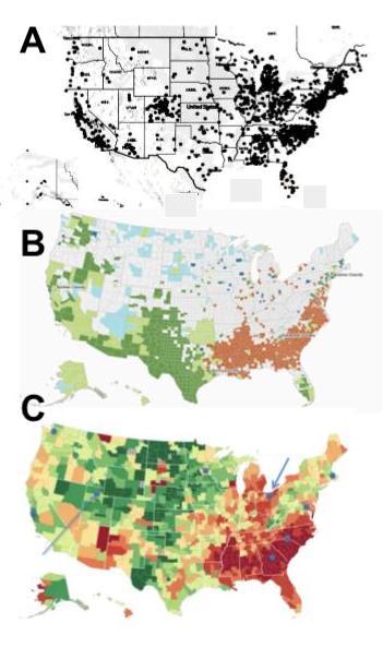 Maps of the USA highlighting PFAS detection, race distribution, and the likelihood of experiencing upward mobility.