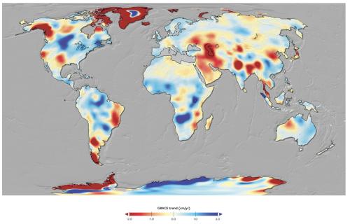 Heat map of the world showing gravity recovery and climate experiment data.