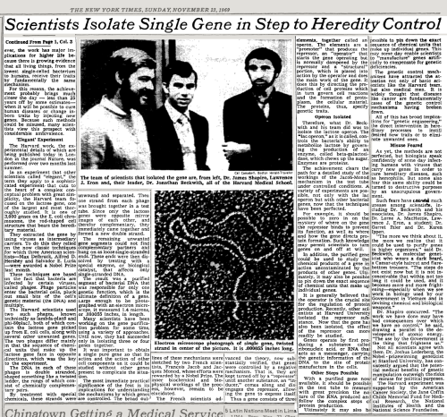 Photo of a newspaper article detailing the discovery of the bacterial lac operon in the New York TImes in 1969. James Shapiro is featured as one of the scientists making the discovery.