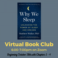 square advertisement for the bookclub. The navy blue book cover is on a steel gray background, with yellow text.