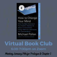 Advertisement for winter-spring 2022 bookclub. Cover of How to Change Your Mind is on a steel blue background with blue letters.