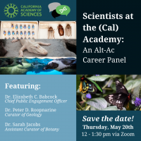 Cal Academy Career Panel advertisement, including the names from the event announcement, time and date, and pictures from the Cal Academy.