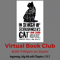 In Search Of Schrodinger's Cat advertisement for bookclub. It is a picture of the black-and-white book cover, with red lettering detailing the event.