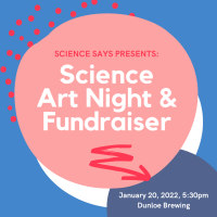 Blue background with a pink bubble with white text saying "Science Art Night and Fundraiser at Dunloe Brewing."