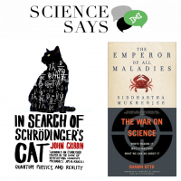Advertisement for the science bookclub that contains images of previous books we've read for book club.