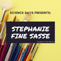 Advertisement for Stephanie Fine Sasse, white lettering on a dark brown square, which is then on top of a set of paintbrushes on a yellow background