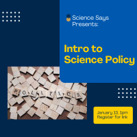 Banner advertising Introduction to Science Policy event. It is blue-and-yellow themed with the word "politics" spelled in scrabble letters.