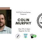 Banner advertising Colin Murphy's event. A picture of Colin is on the left against a white background, with black text describing in the event in the middle. On the right, a cartoon of judgement scales in a wreath of laurels.