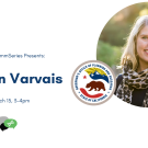 Banner advertising Megan Varvais' event. White background with blue text, and a picture of Megan. The logos of the three organizations are also included.