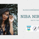 Banner advertising Niba Nirmal's event. Picture of Niba on the left, with black text of her name on the right. The logos of the three organizations are included.