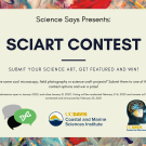 Banner advertising the 2022 Science Art contest. A cream rectangle holds black text describing the event, which is on top of a colorful background of paint smears. Also included are the logos of our sponsors.