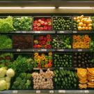 An array of vegetables on shelves of a grocery store's produce section.
